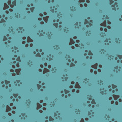 Fototapeta na wymiar Animal paws. Random sized footprints. Seamless pattern. Vector illustration. Blue