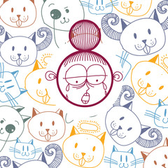 Vector hand drawn cartoon sad crying girl with modern haircut. E