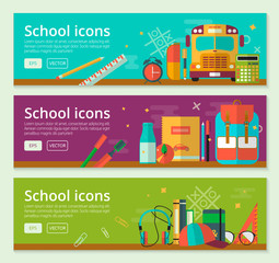 Back To School banner concept design. Vector horizontal banners of education with school items.