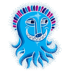 Character monster vector flat illustration, smiling cute blue mu