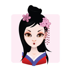 Beautiful geisha in blue and red kimono illustration