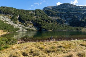 Amazing view of Yonchevo lake and green hills,  Rila Mountain, Bulgaria
