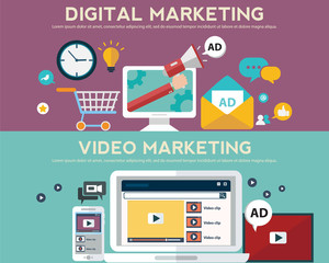 Concepts for video marketing, digital marketing, advertising, social media, web and mobile apps and services, e-commerce, SEM. Concepts for website banners and printed materials.