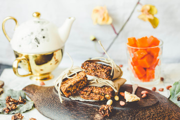 Pumpkin granola bars with peanut butter and seeds, tinting