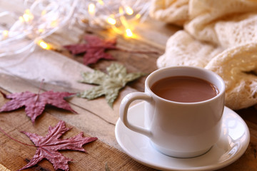 Cup of hot chocolate, autumn leaves and knitted sweater