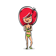 Cartoon illustration of Caucasian type woman, attractive red-hea