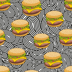 Seamless pattern with doodle hamburger on the artistic background.