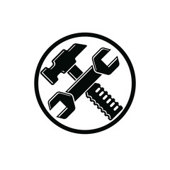 Detailed vector illustration of hammer and wrench crossed, work