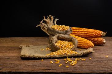 Obraz premium Dried corn in sackbag on wooden table