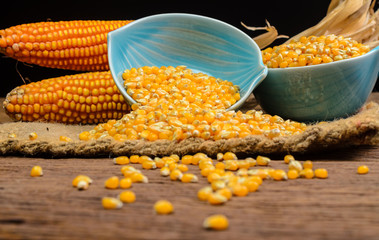 Dried corn in blue ceramic bowl on wooden table