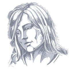 Hand-drawn portrait of white-skin sorrowful woman, sad face emot