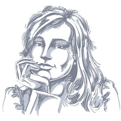 Vector art drawing of pensive romantic woman with stylish haircu