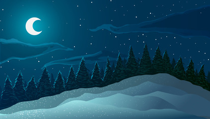 Vector illustration. Night winter landscape. Trees, snowdrifts and moon.