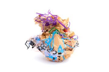 Colorful crumpled paper brown shape adhesive tape grotesquely on white background