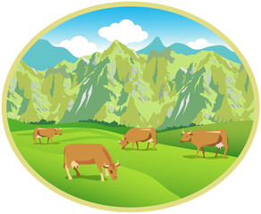 Cows On The Alpine Meadows. Ellipse Picture. Mountains And Green Valley. Background For Label, Sticker, Packing, Web. Vector Picture. Alpine Meadows Weather. Alpine Meadows Terrain.