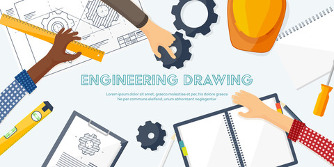Vector illustration. Engineering and architecture. Drawing, construction. Architectural project. Design, sketching. Workspace with tools. Planning, building.