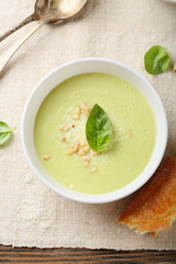 Cream soup with cheese top view