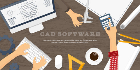 Vector illustration. Engineering and architecture. Drawing, construction. Architectural project. Design, sketching. Workspace with tools. Planning, building.