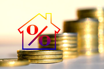 The percent symbol on a background of money . The concept of price changes on the real estate...