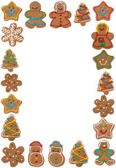 Vertical frame of colorful gingerbread cookies on white, copy space in the middle