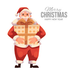 Cartoon style Santa Claus holding a big gift box, Christmas vector greeting card. Full length portrait of Santa holding a large present box, greeting card template for Christmas eve