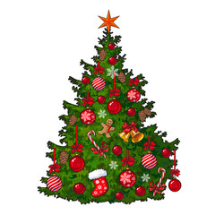 Beautifully decorated Christmas tree, cartoon vector illustration isolated on white background. Colorful Christmas tree decorated with balls, garlands, bells, snowflakes, candy canes and ginger men