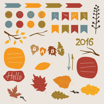 Autumn set of stickers for design website, blog, magazine on light background. collection for scrapbook