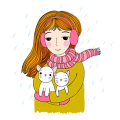 The young beautiful girl with two cute little kittens.