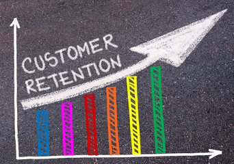 Customer Retention written over colorful graph and rising arrow - 122642358