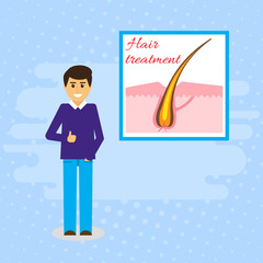 Handsome young man standing near a poster advertising for hair care. Flat style, cartoon