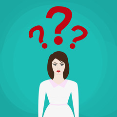 uncertain businesswoman in suit. sign. Question mark, Question words vector concept