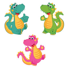 Funny Cartoon Dinosaur in Different Colors. Emerald Dinosaur. Green Dinosaur. Pink Dinosaur. Vector Set Illustration. Vector Dinosaur Art. Dinosaur Toy. Dinosaur Suit. Dinosaur Costume. Dinosaur Kid.