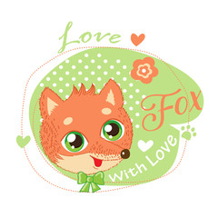 Cute Little Fox In Green Background Vector Illustration. Love Fox Cartoon Vector. T-Shirt Design Vector Illustration With Fox. Cute Fox Shirt.
