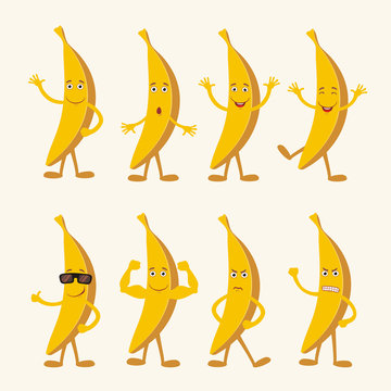 Vector set isolated funny banana. Collection cute banana in cartoon style.
