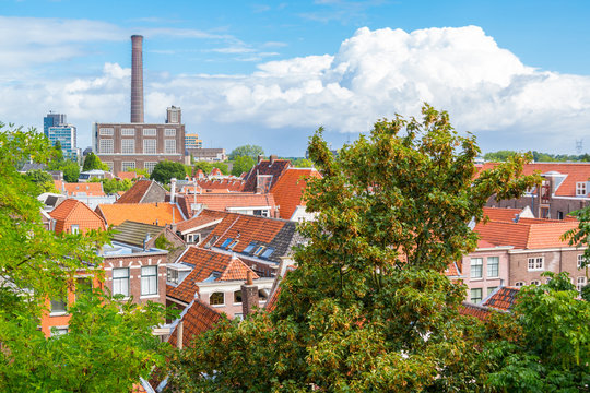 View of district heating plant and houses from Burcht, citadel in old town of Leiden, Netherlands