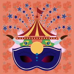 Digital vector blue mask over orange background with stars, rio carnival party, toucan birds and brazilian flag, flat style