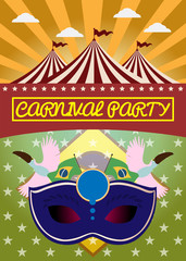 Digital vector blue mask over green and orange background with clouds, rio carnival party, toucan birds and brazilian flag, flat style