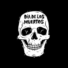 Human skull black and white isolated on white background. Day of the Dead. Hand-drawn, lino-cut. Flat design vector illustration.
