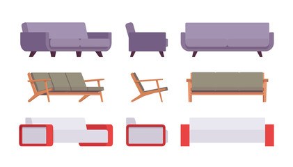 Set of sofas isolated against white background. Cartoon vector flat-style illustration