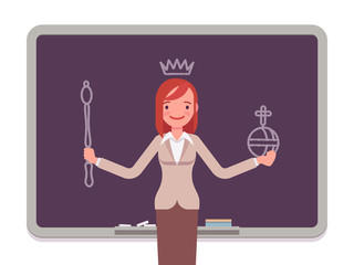 Woman against the blackboard with drawn queen. Cartoon vector flat-style concept illustration