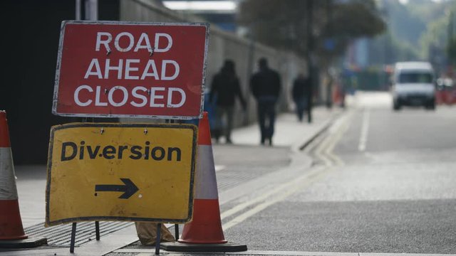 Street sign showing a road closed due to renovations