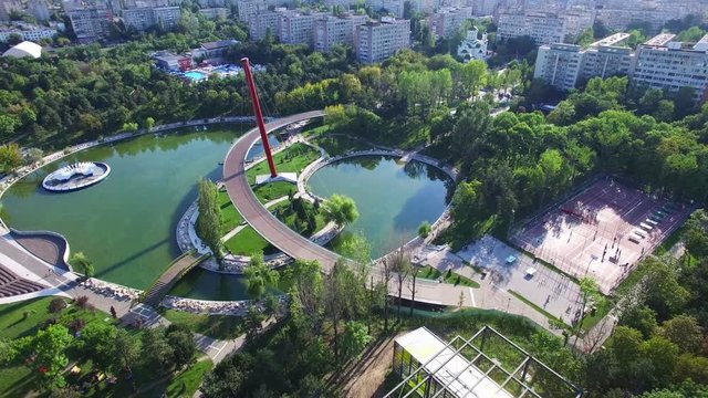 Aerial flight above Moghioros park in Bucharest, Romania