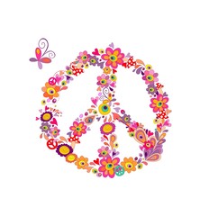 Peace flower symbol with abstract colorful flowers, mushrooms and butterfly