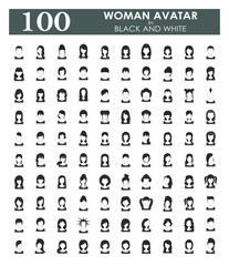 Collection of 100 women avatar in black and white color
