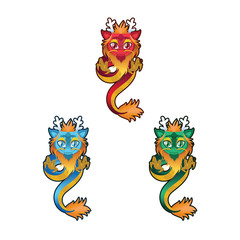 Illustration of an oriental dragon in 3 different colors