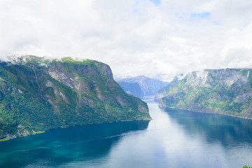 Fototapeta na wymiar view of the winding steep rocky Norwegian fjord