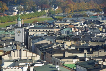 Getreidegasse and Rathaus from the Mönchsberg in Salzburg