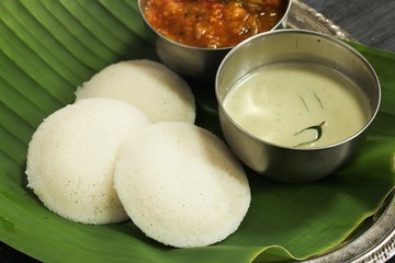 Idli with sambar and coconut chutney - South Indian breakfast