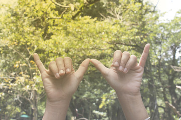 hand sign and  water,water is cold ,waterfall in natural