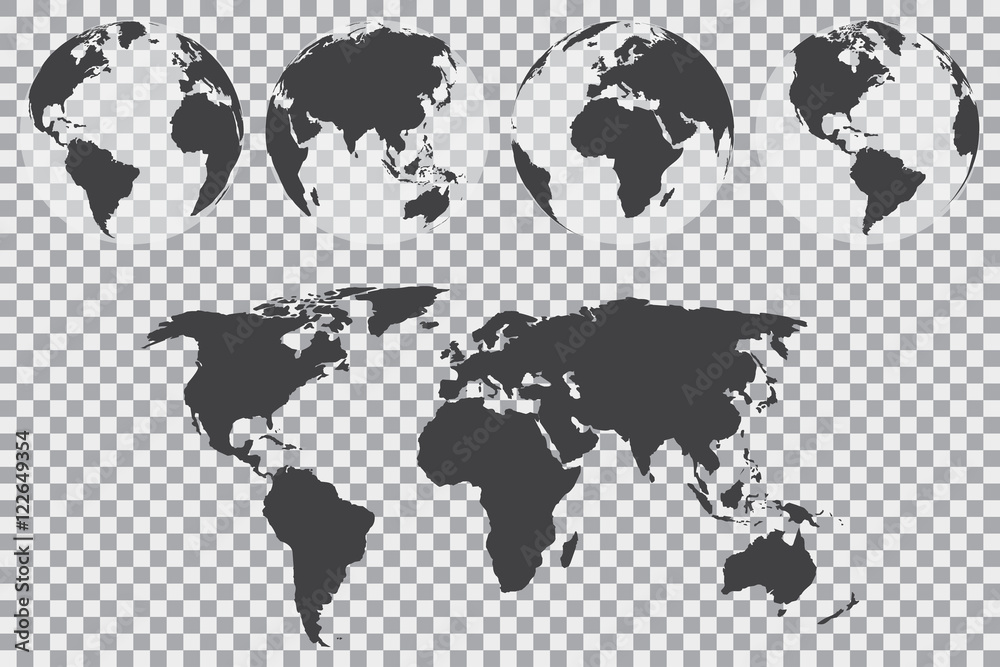 Poster Globe set with world map on a transparent background. Vector illustration